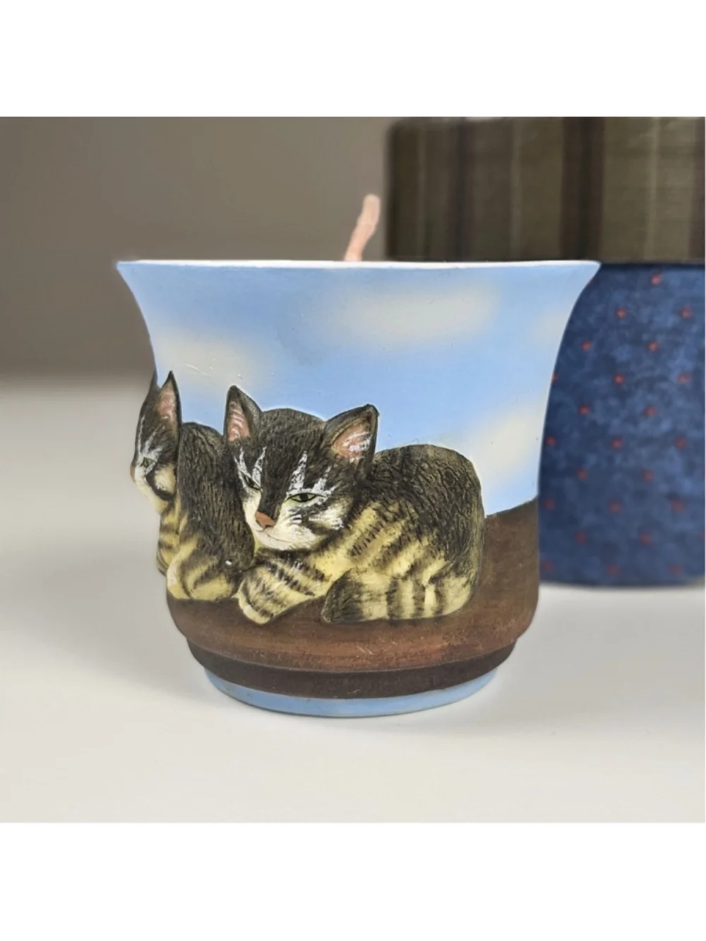 Vintage Lang Cat Votive Candle Holder w/ Box & Pink Candle Three Tabby Cats